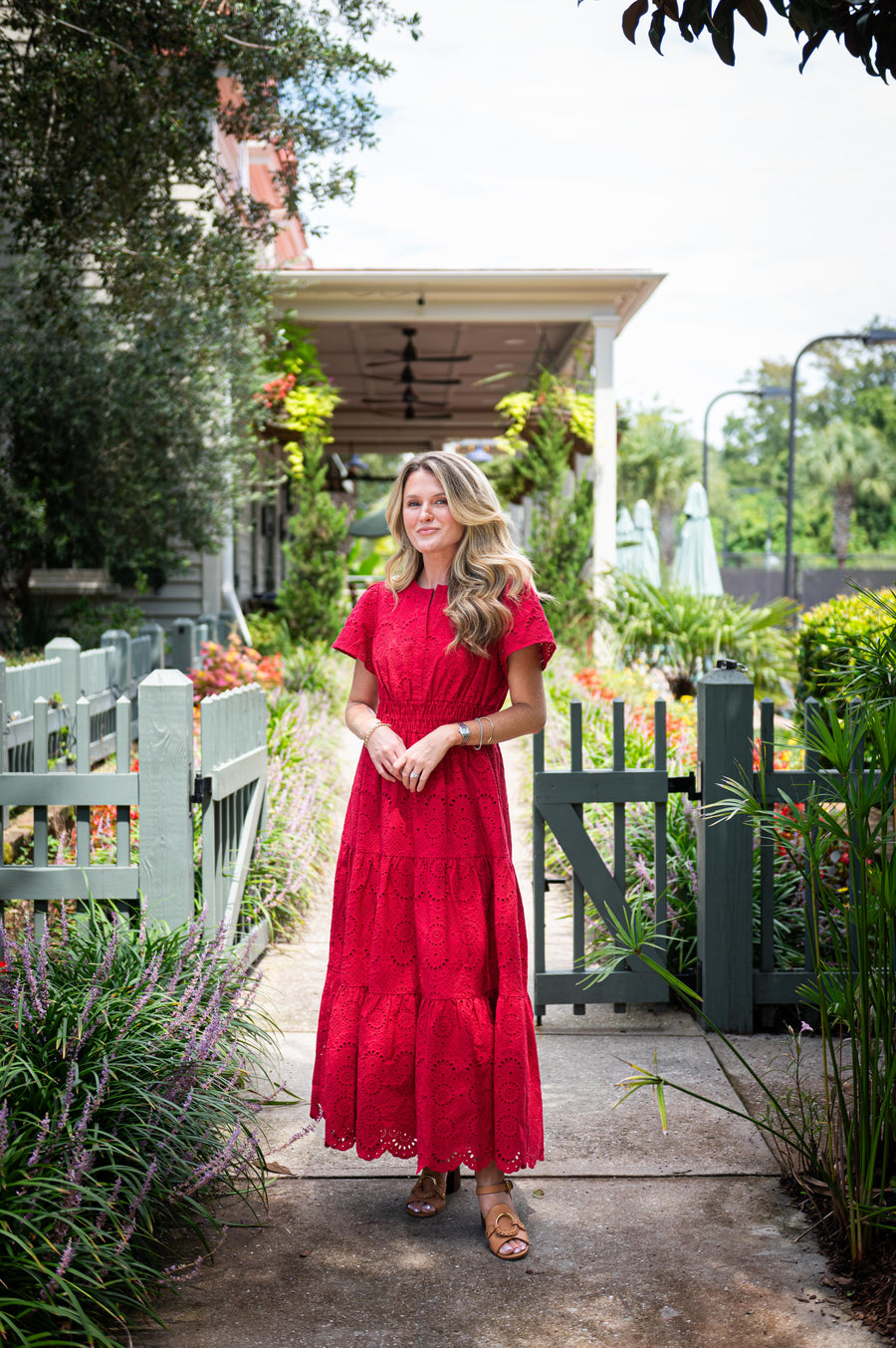 Red Eyelet Cinched Waist Midi Dress Sail to Sable Red Eyelet Cinched Waist Midi Dress Sail to Sable