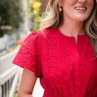 Red Eyelet Cinched Waist Midi Dress