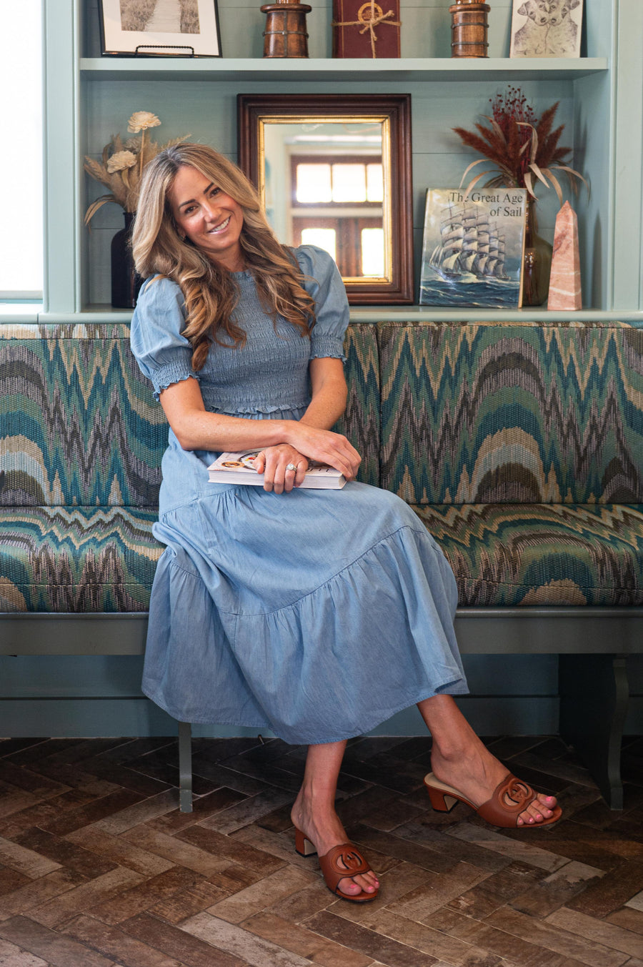 Chambray Puff Sleeve Smocked Midi Dress