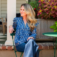 Navy Peony Lurex Ruffle Front Top with Tassels