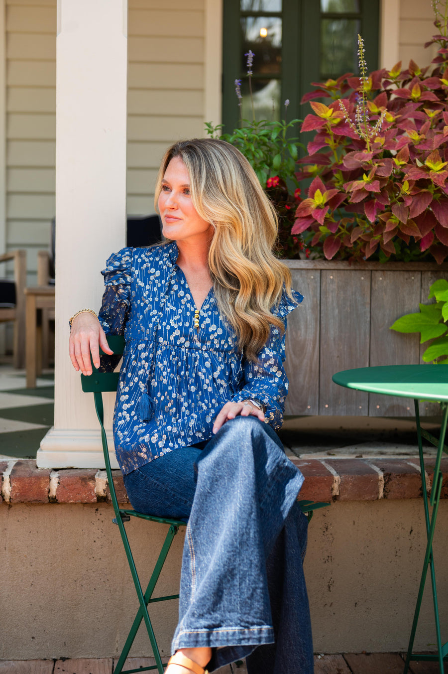 Navy Peony Lurex Ruffle Front Top with Tassels