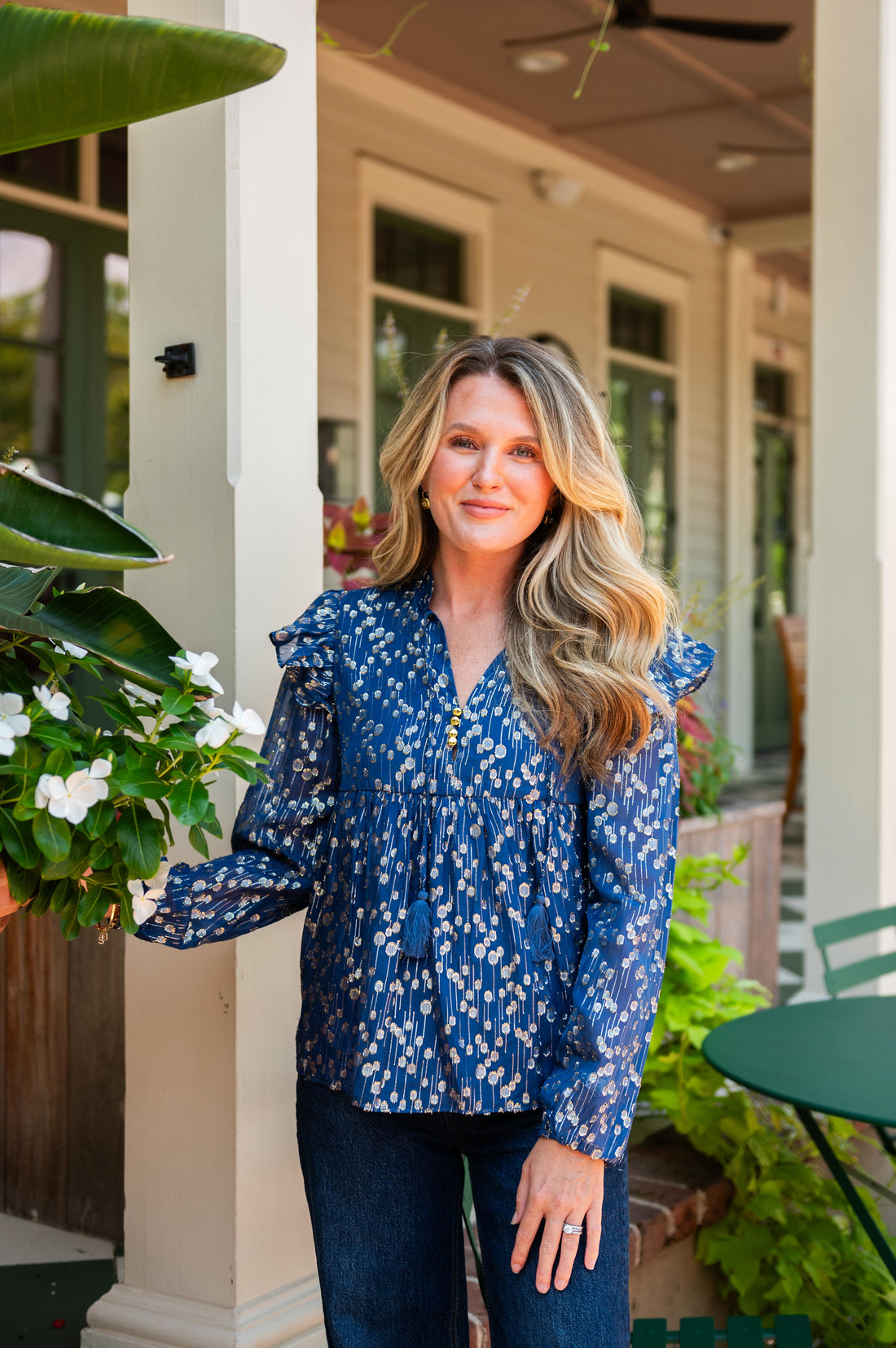 Navy Peony Lurex Ruffle Front Top with Tassels
