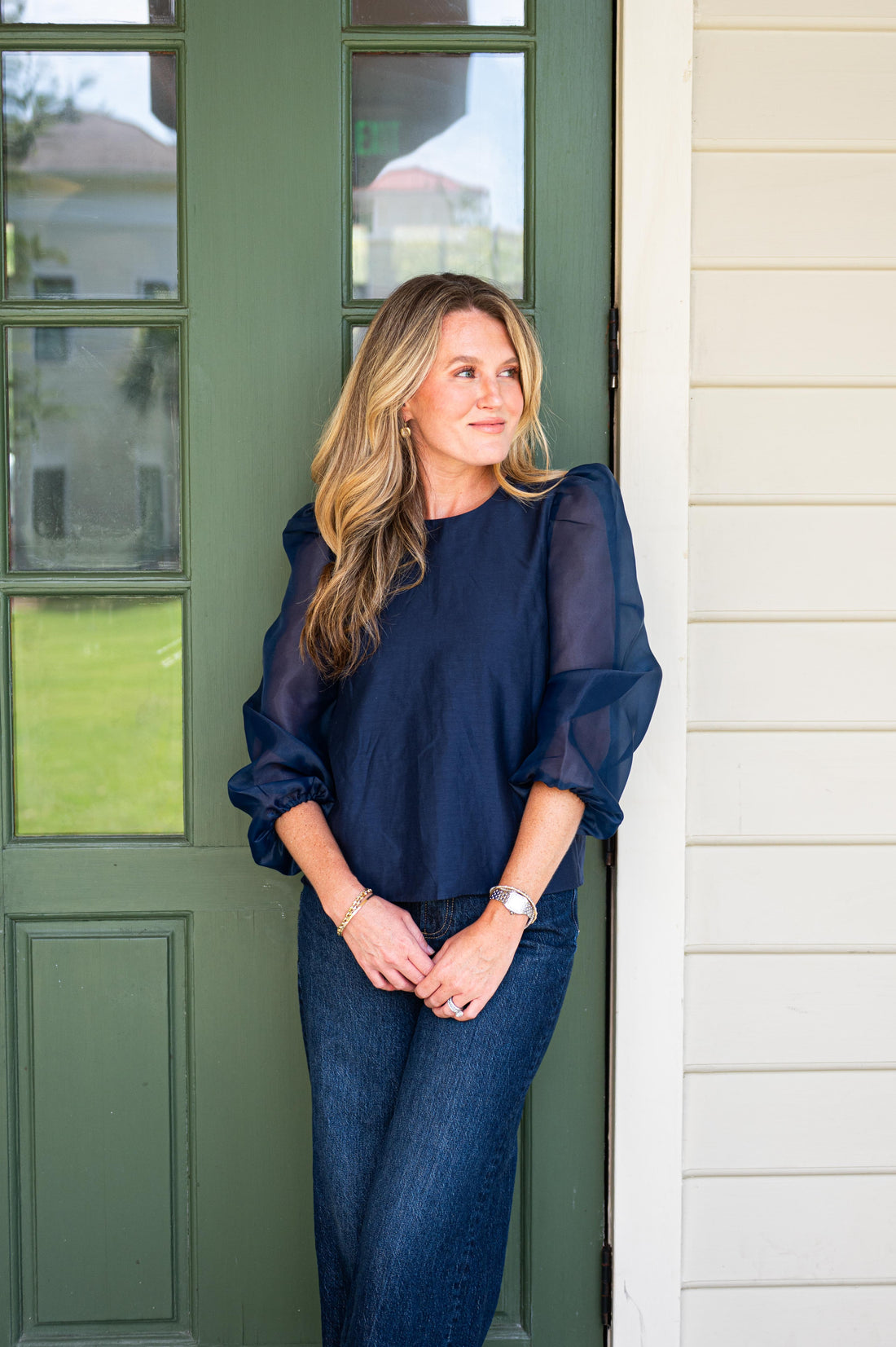 Navy Puff Sleeve Top