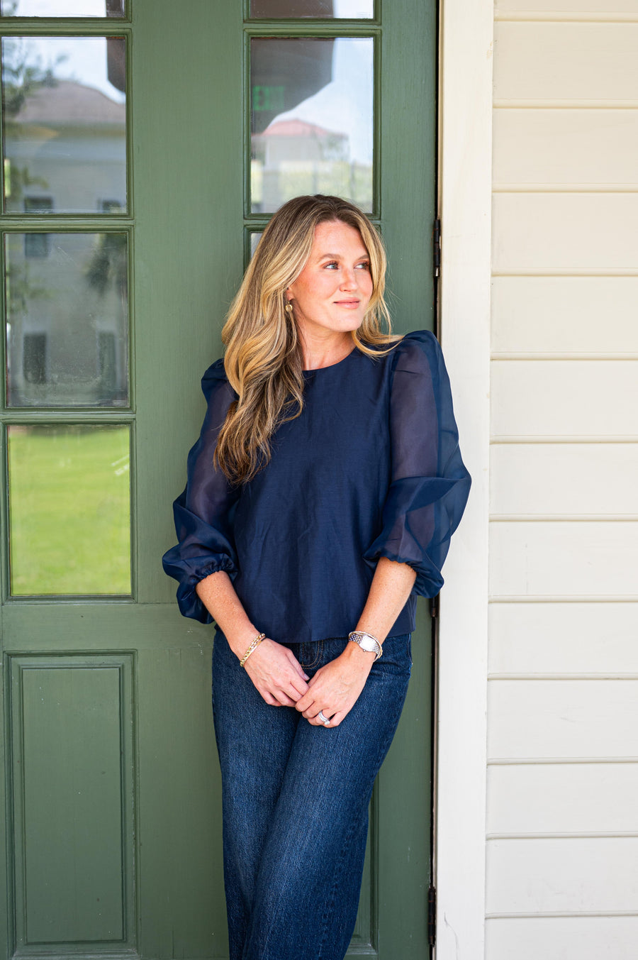 Navy Puff Sleeve Top