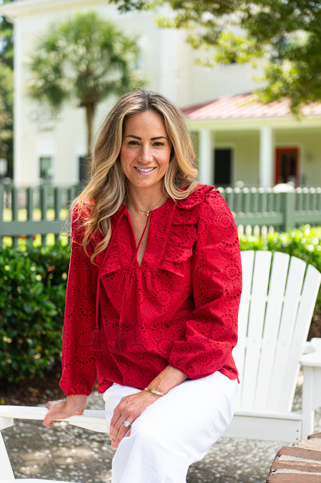 Red Eyelet Ruffle Front Top with Tassels