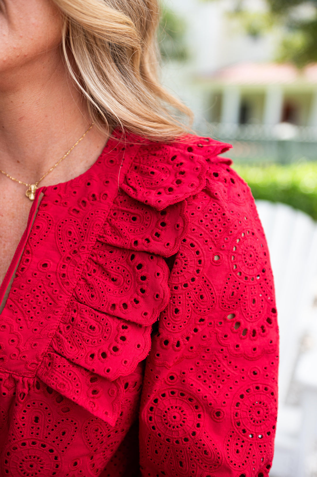 Red Eyelet Ruffle Front Top with Tassels