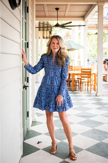 Tropical Block Print Long Sleeve Tunic Flare Dress