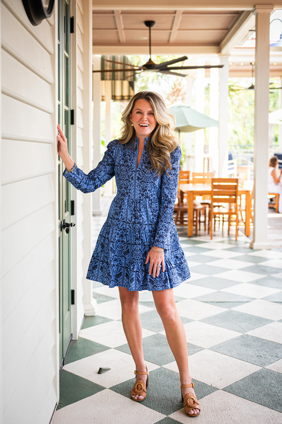 Tropical Block Print Long Sleeve Tunic Flare Dress