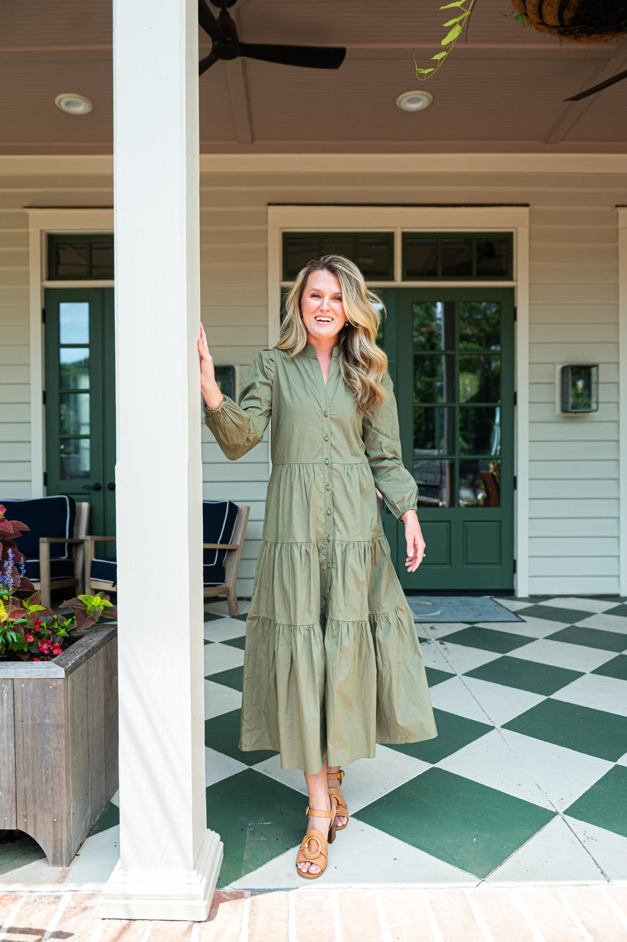 olive green button front dress Olive Button Front Belted Shirt Midi Dress AX Paris