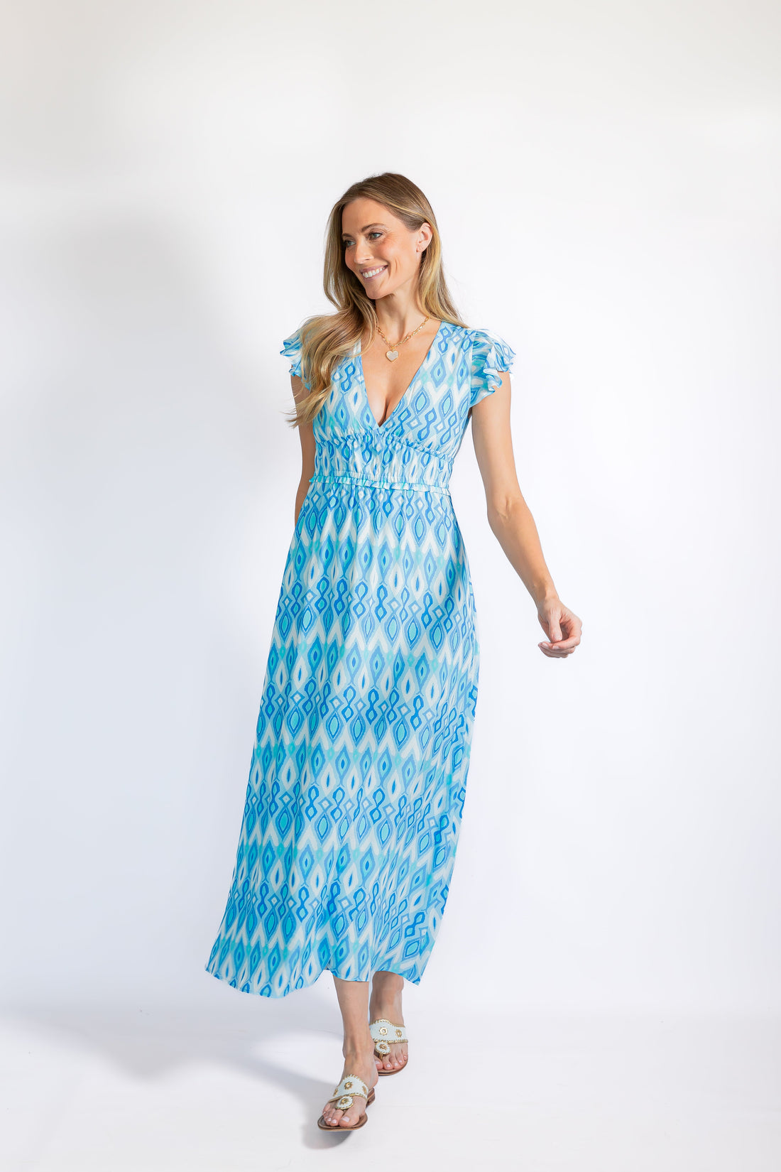 Blue Ikat Print V-Neck Flutter Sleeve Maxi