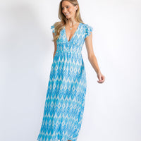 Blue Ikat Print V-Neck Flutter Sleeve Maxi