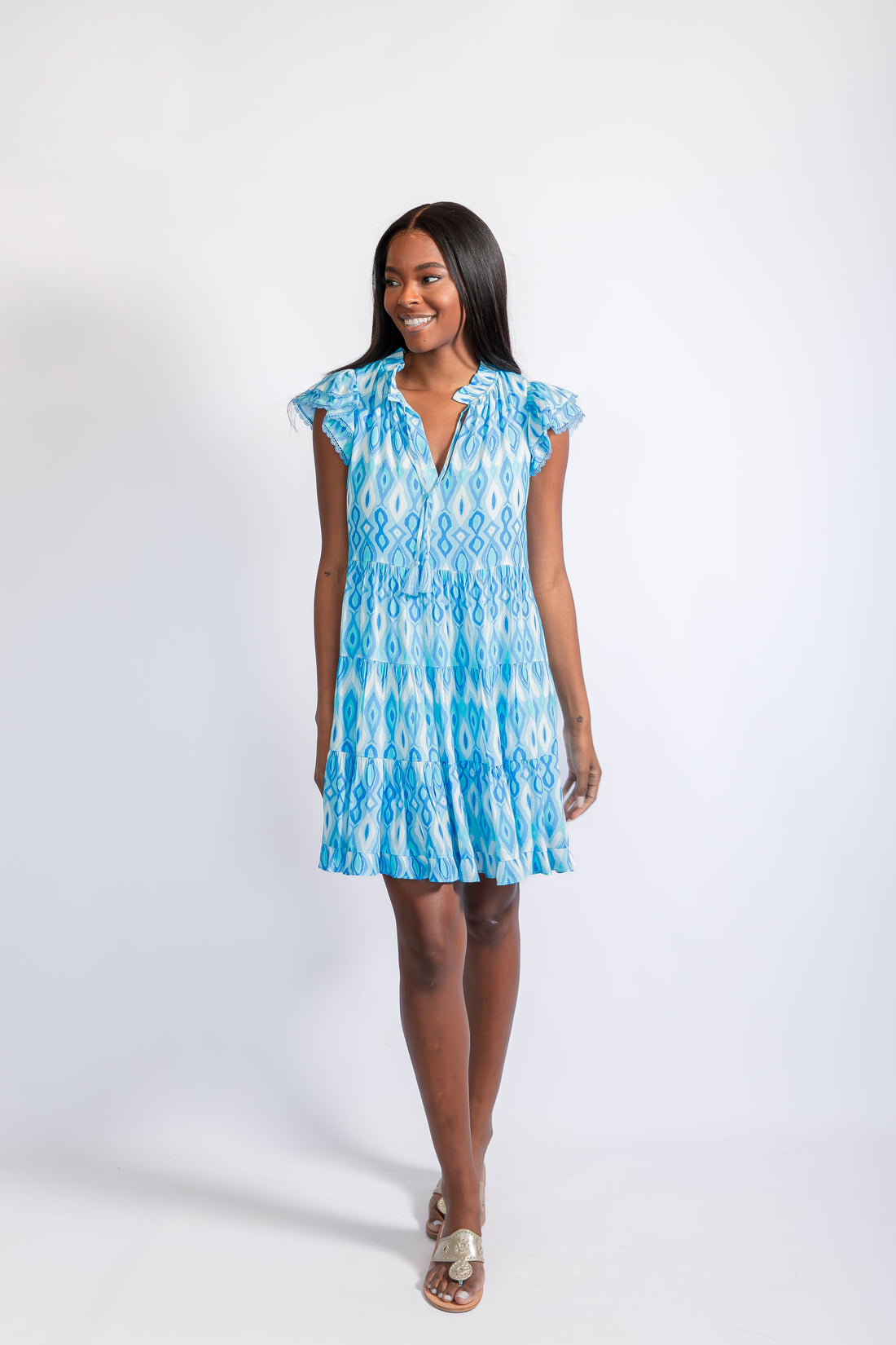 Blue Ikat Ruffle Neck Dress with Tassels