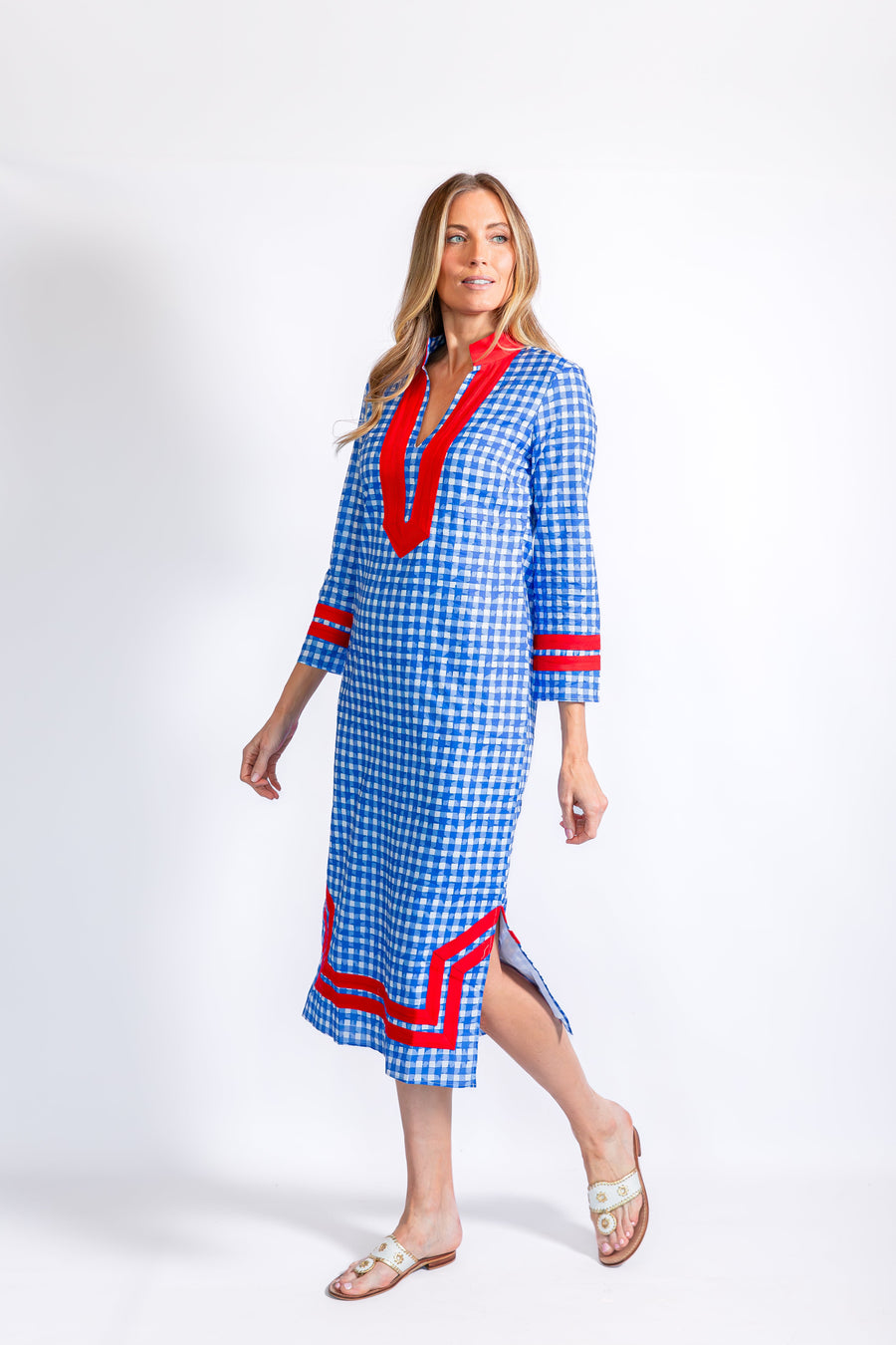 Coastal Blue Gingham Long Sleeve Classic Maxi Tunic