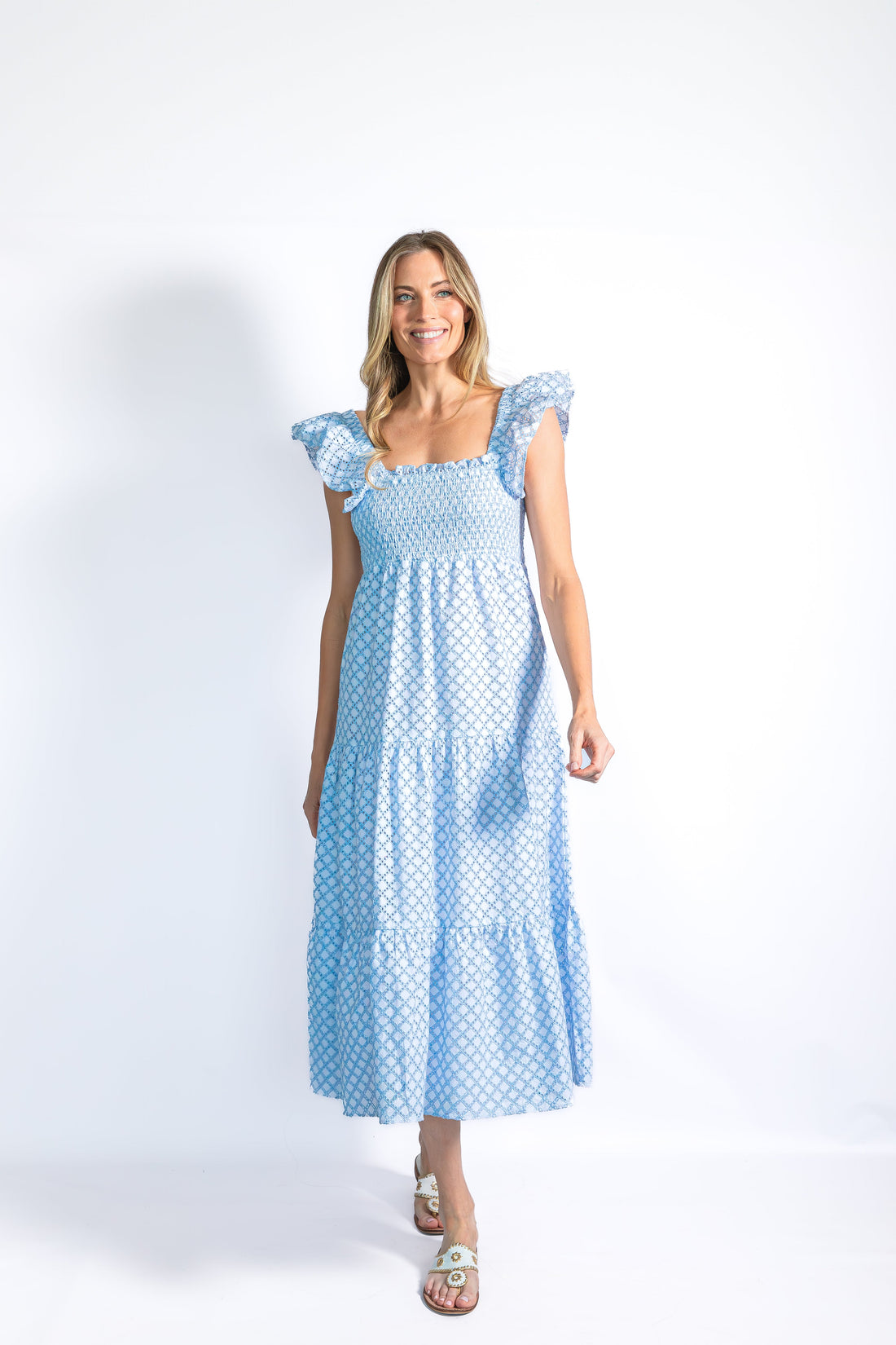 Lacecap Lattice Eyelet Smocked Midi Dress