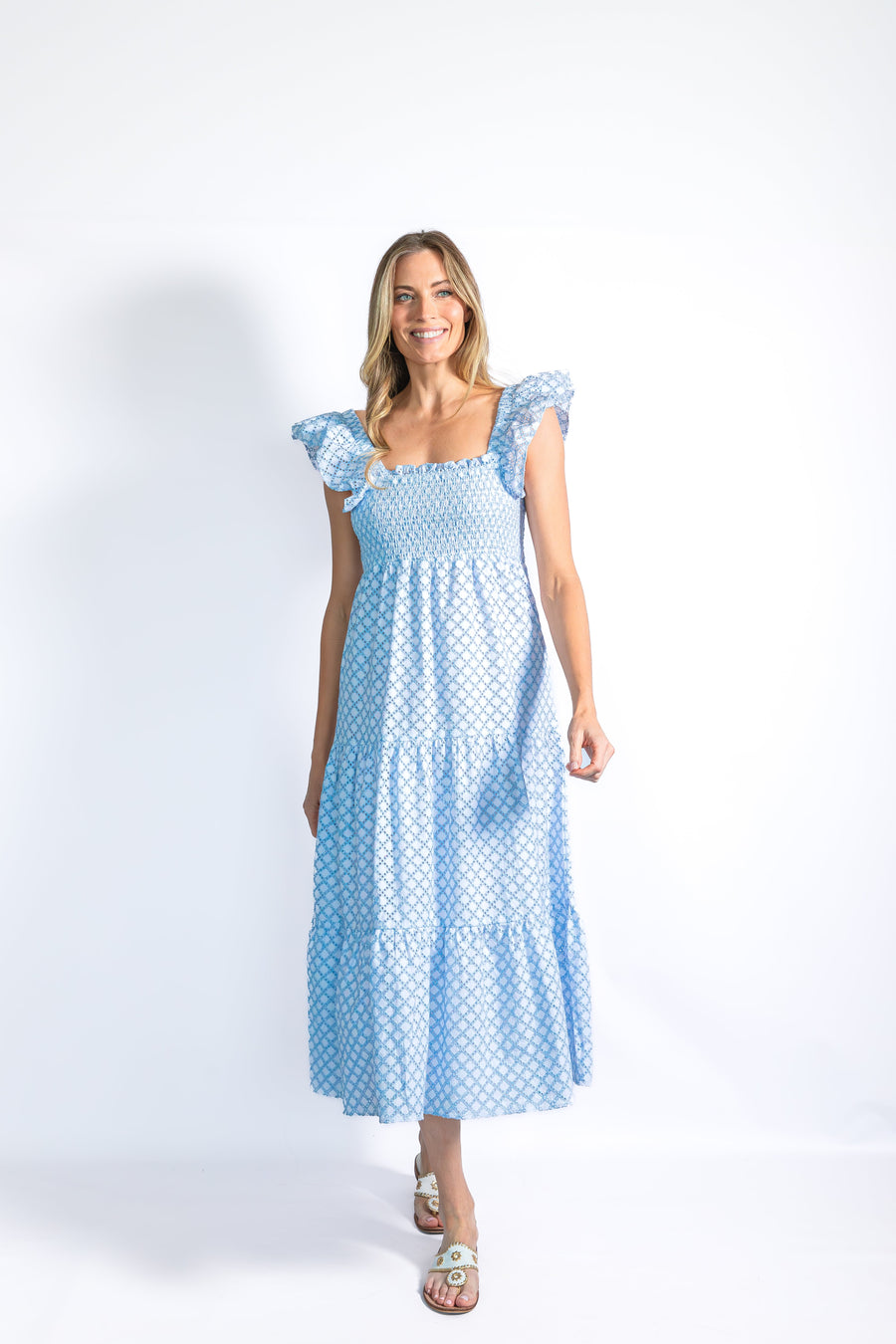 Lacecap Lattice Eyelet Smocked Midi Dress