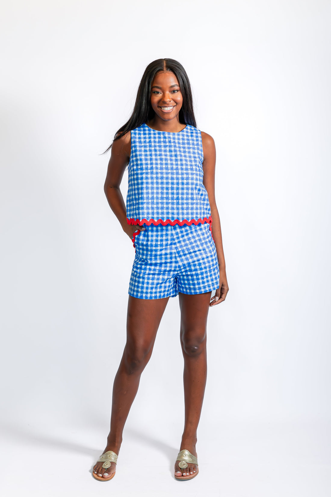 Coastal Blue Gingham Sleeveless Short Set with Ric-Rac Sail to Sable Coastal Blue Gingham Sleeveless Short Set with Ric-Rac Sail to Sable