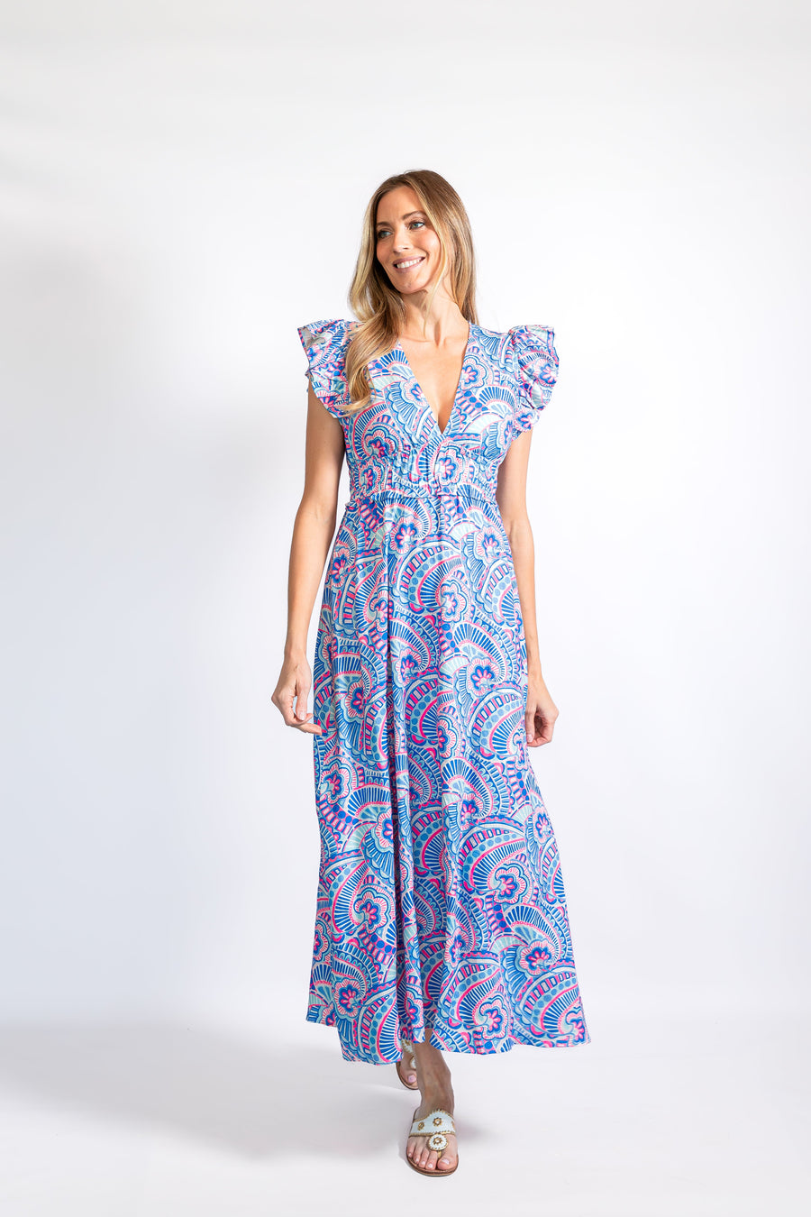 Kaleidoscope Print Flutter Sleeve V Neck Maxi Dress Sail to Sable