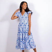 Batik Print Smocked Flutter Sleeve Midi Dress