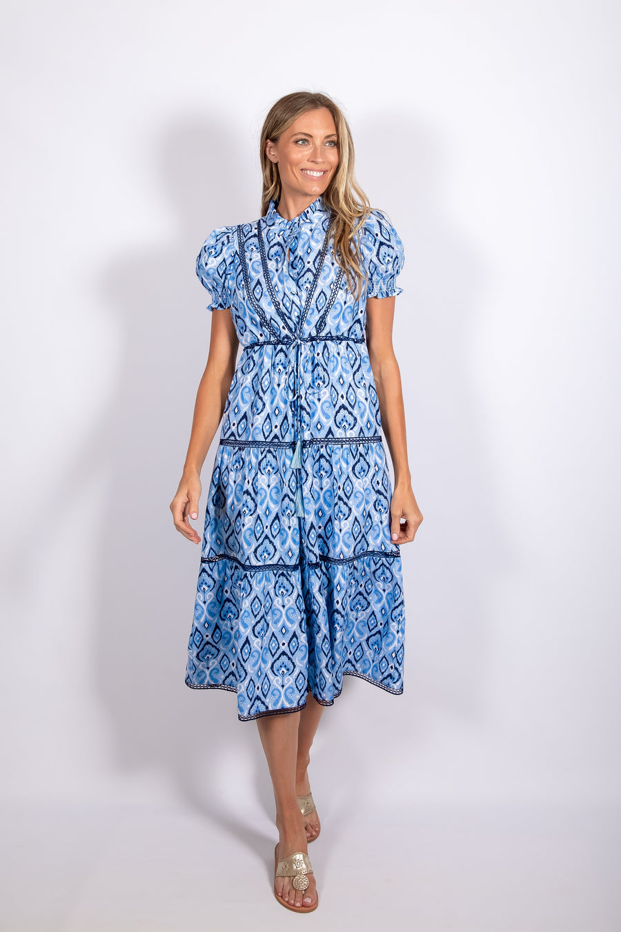 Blue Ikat Print Puff Sleeve Tie Waist Midi Dress