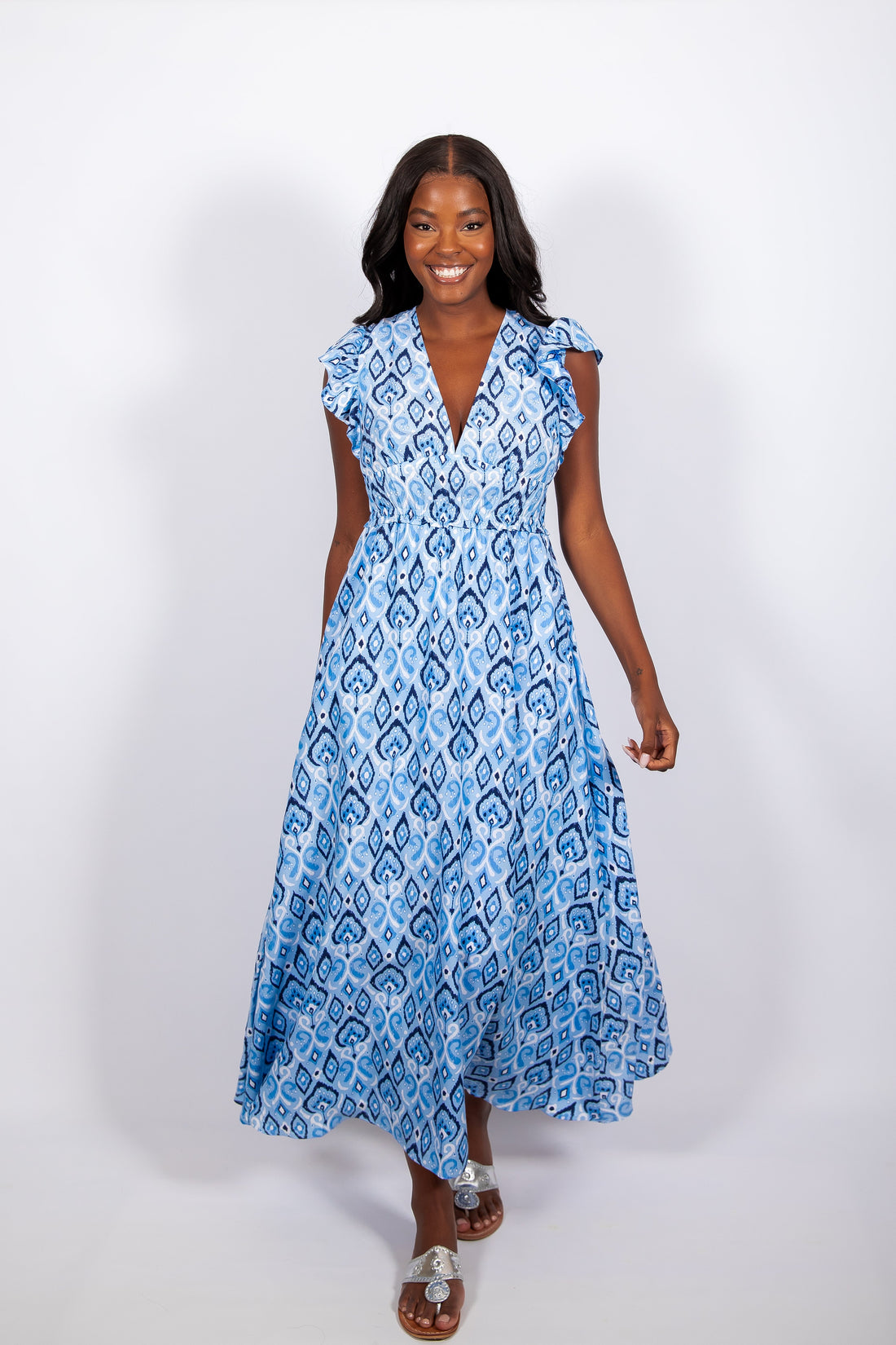 Blue Ikat Print Flutter Sleeve V-Neck Maxi Dress