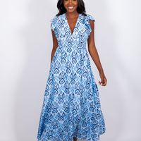 Blue Ikat Print Flutter Sleeve V-Neck Maxi Dress