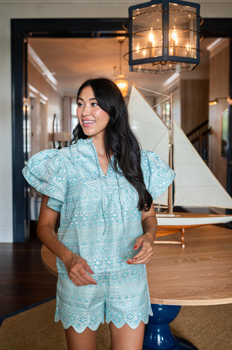 Mint and White Ruffle Sleeve Top