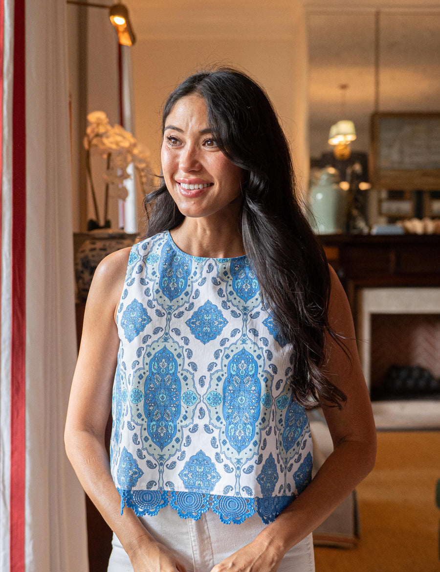 Paisley Park Print Sleeveless Zip Back Top