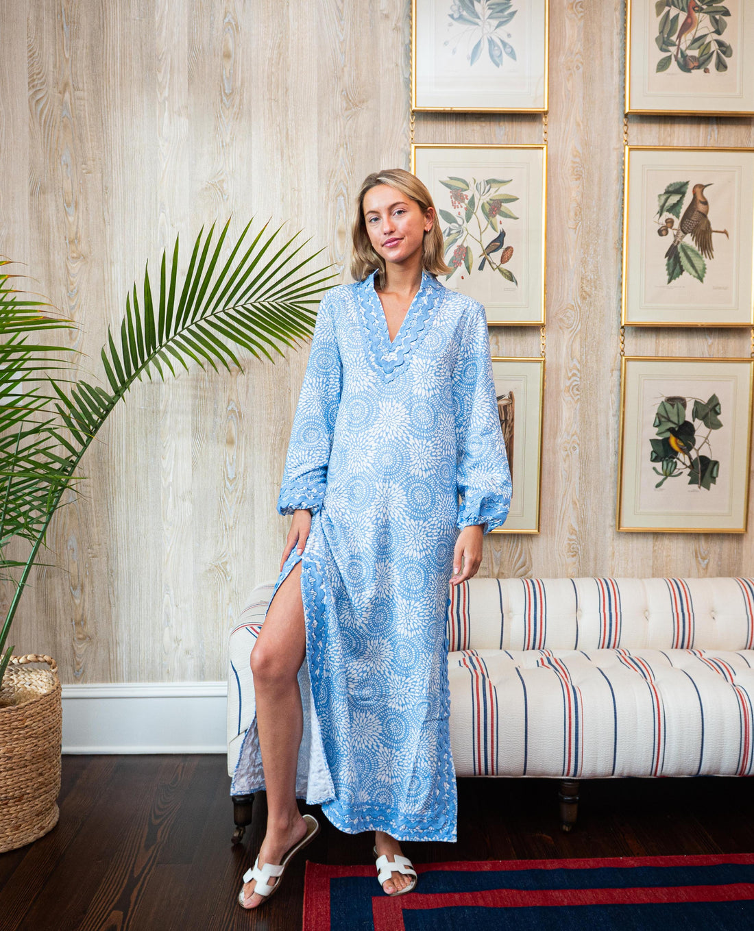 Blue Dot Matrix Long Sleeve Classic Maxi Tunic with Ric Rac