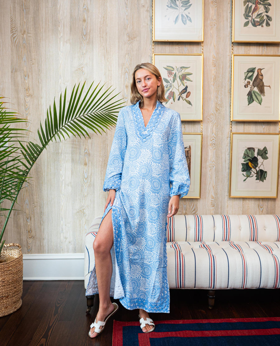 Blue Dot Matrix Long Sleeve Classic Maxi Tunic with Ric Rac