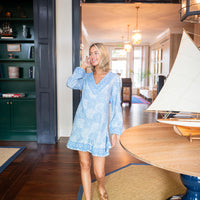 Blue Dot Matrix V-Neck Ruffle Hem Dress with Ric Rac