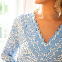 Blue Dot Matrix V-Neck Ruffle Hem Dress with Ric Rac