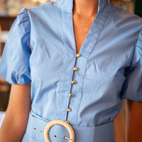 Light Blue Belted Puff Sleeve Tunic Dress