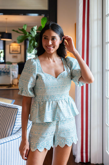 Mint and White Puff Sleeve Peplum Top