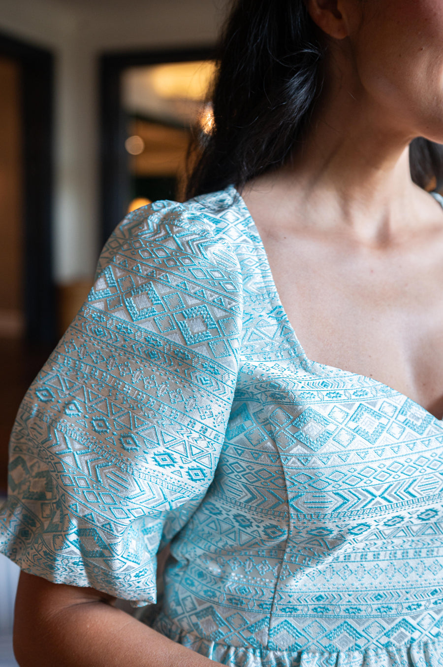 Mint and White Puff Sleeve Peplum Top