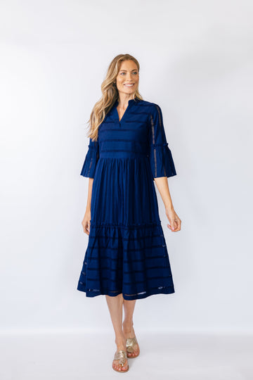 Navy Ladder Eyelet Bell Sleeve Midi Dress