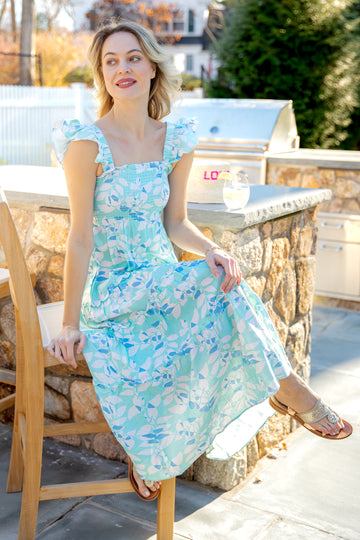 Shadow Leaves Flutter Strap Smocked Midi