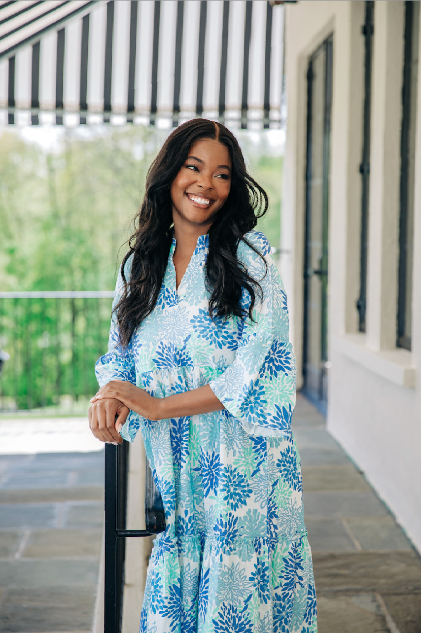 Coral Print Bell Sleeve V Neck Dress Sail to Sable
