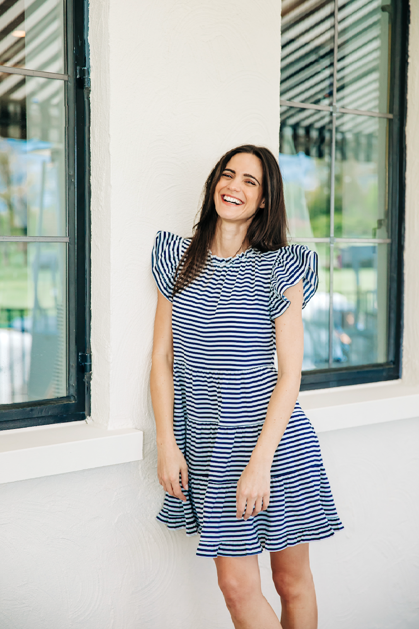 Navy & White Stripe Ruffle Neck Dress