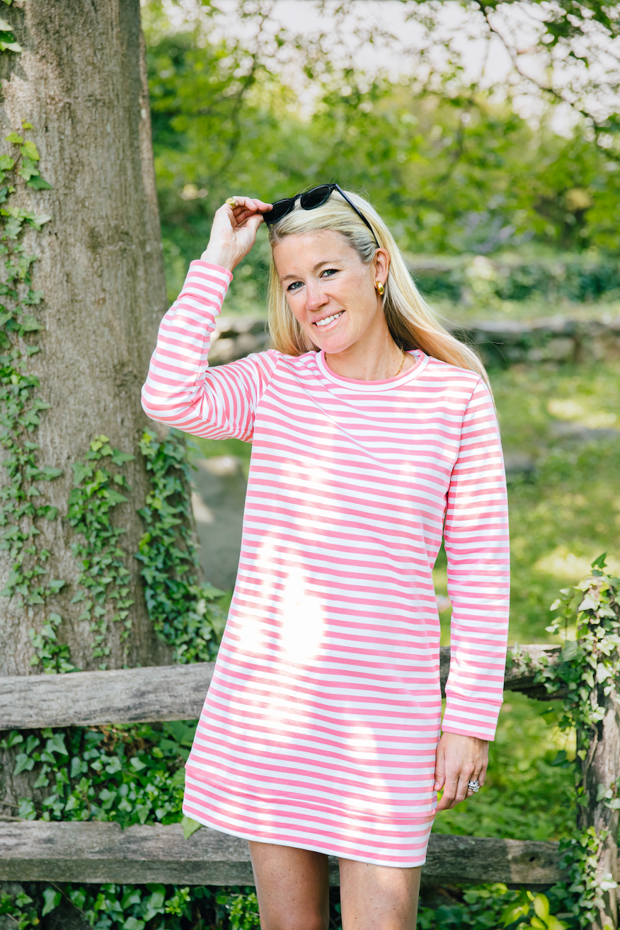 Coral & White Stripe Long Sleeve Sweatshirt Dress