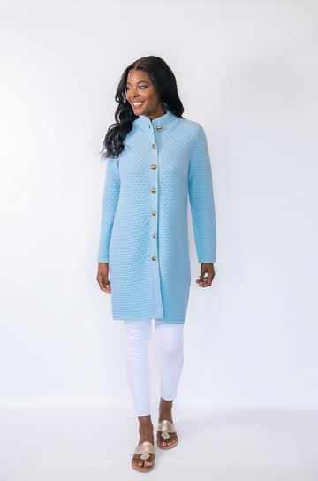 Whisper Blue Button Front Honeycomb Knit Cardigan