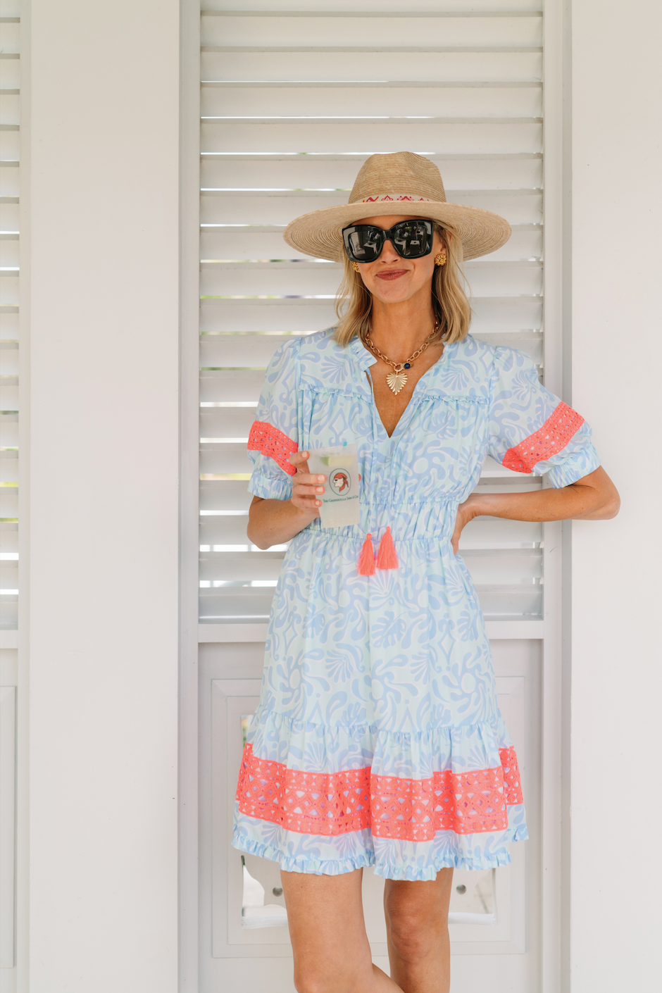 Beach Splash Print Puff Sleeve Dress with Tassels