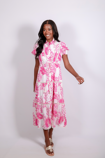 Pink Leaf Print Puff Sleeve Tie Waist Midi Dress