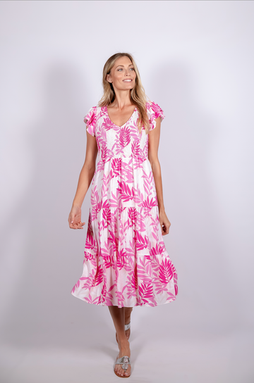 Pink Leaf Print Smocked Flutter Sleeve Midi Dress