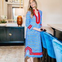 Coastal Blue Gingham Long Sleeve Classic Maxi Tunic