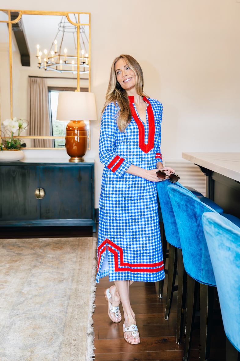 Coastal Blue Gingham Long Sleeve Classic Maxi Tunic