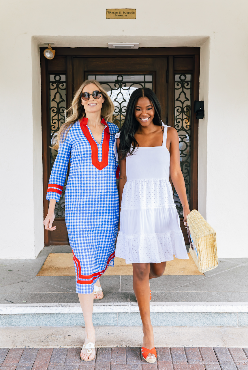 Coastal Blue Gingham Long Sleeve Classic Maxi Tunic