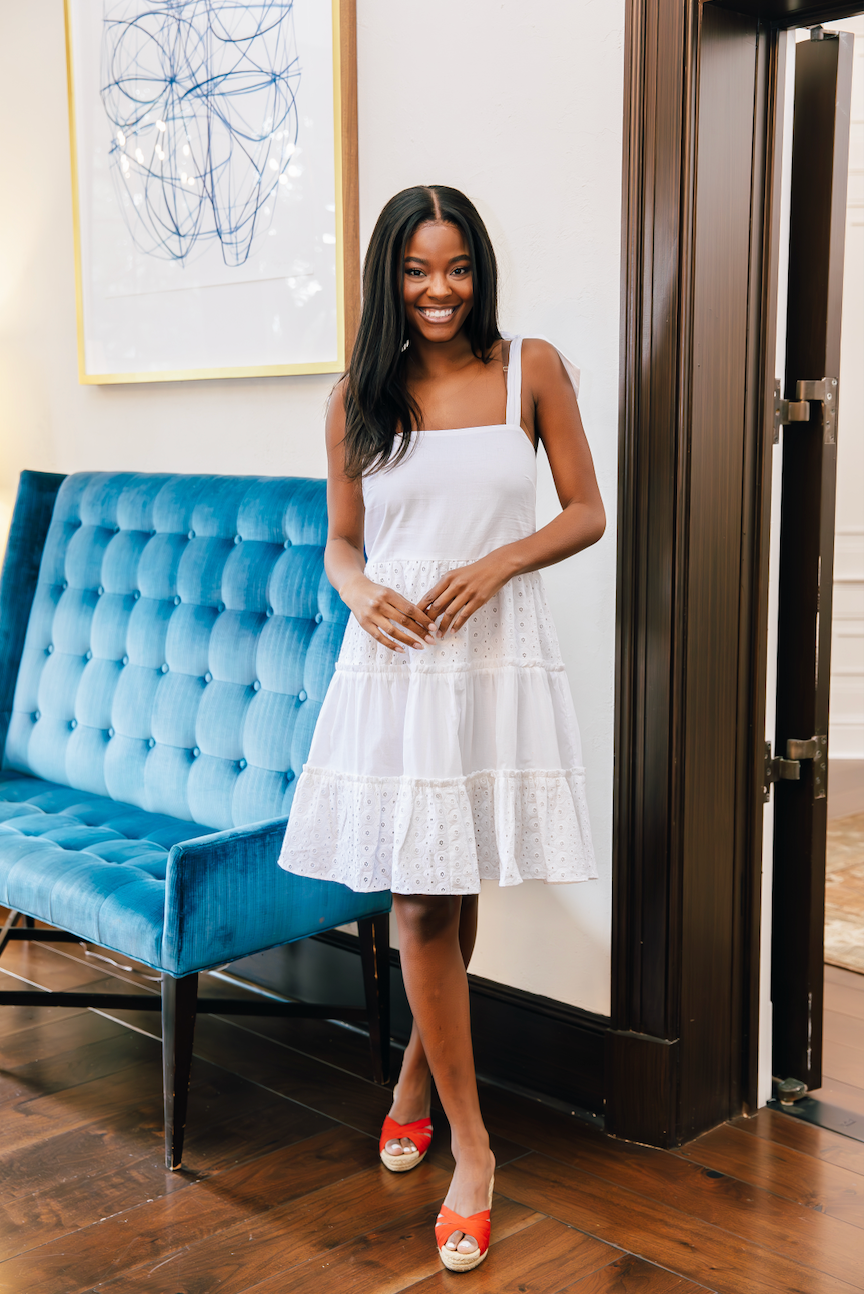 White Bow Shoulder Flare Dress