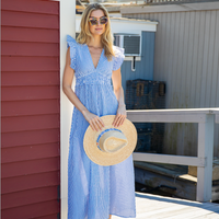 Seersucker V-Neck Flutter Sleeve Maxi Dress