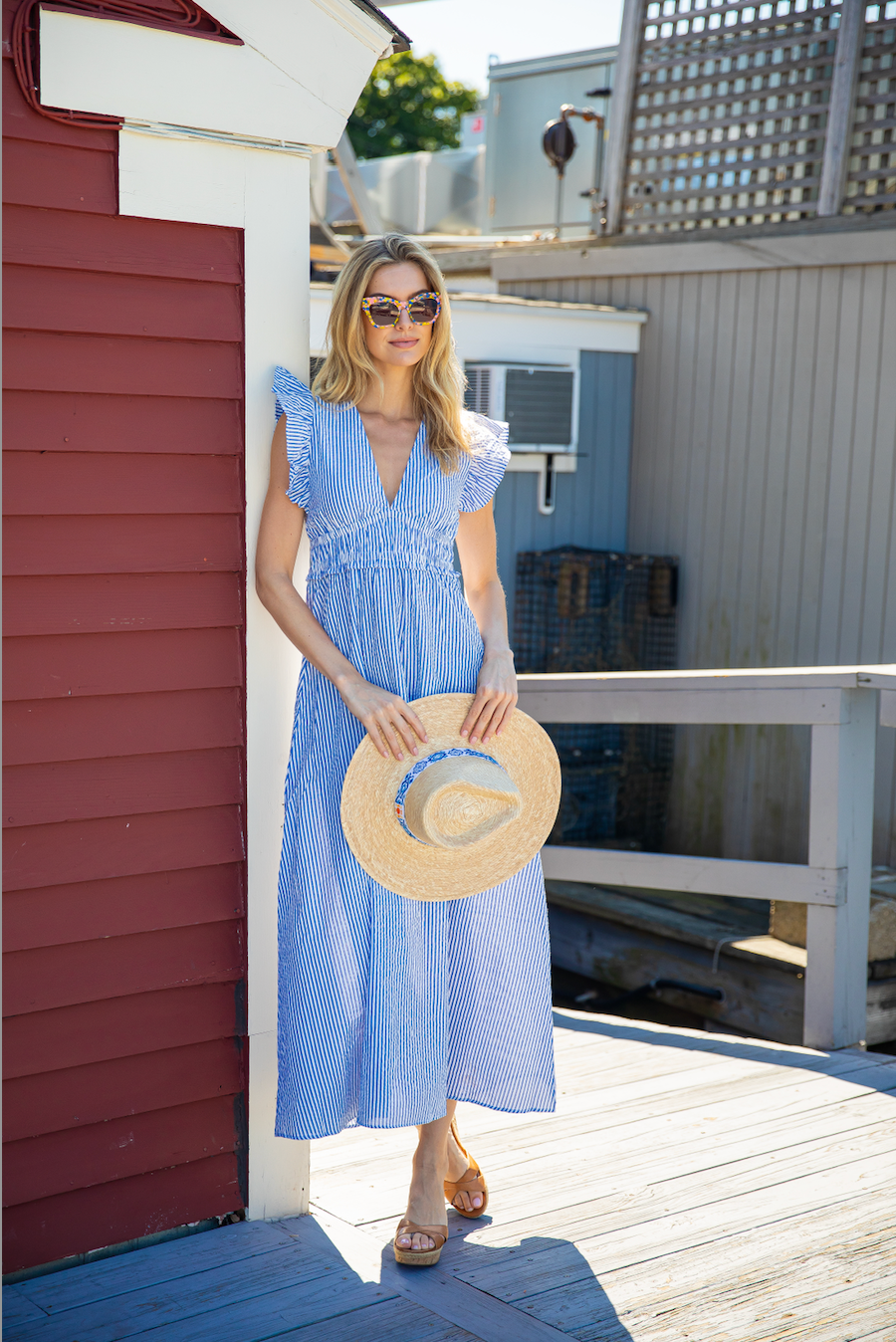 Seersucker V-Neck Flutter Sleeve Maxi Dress