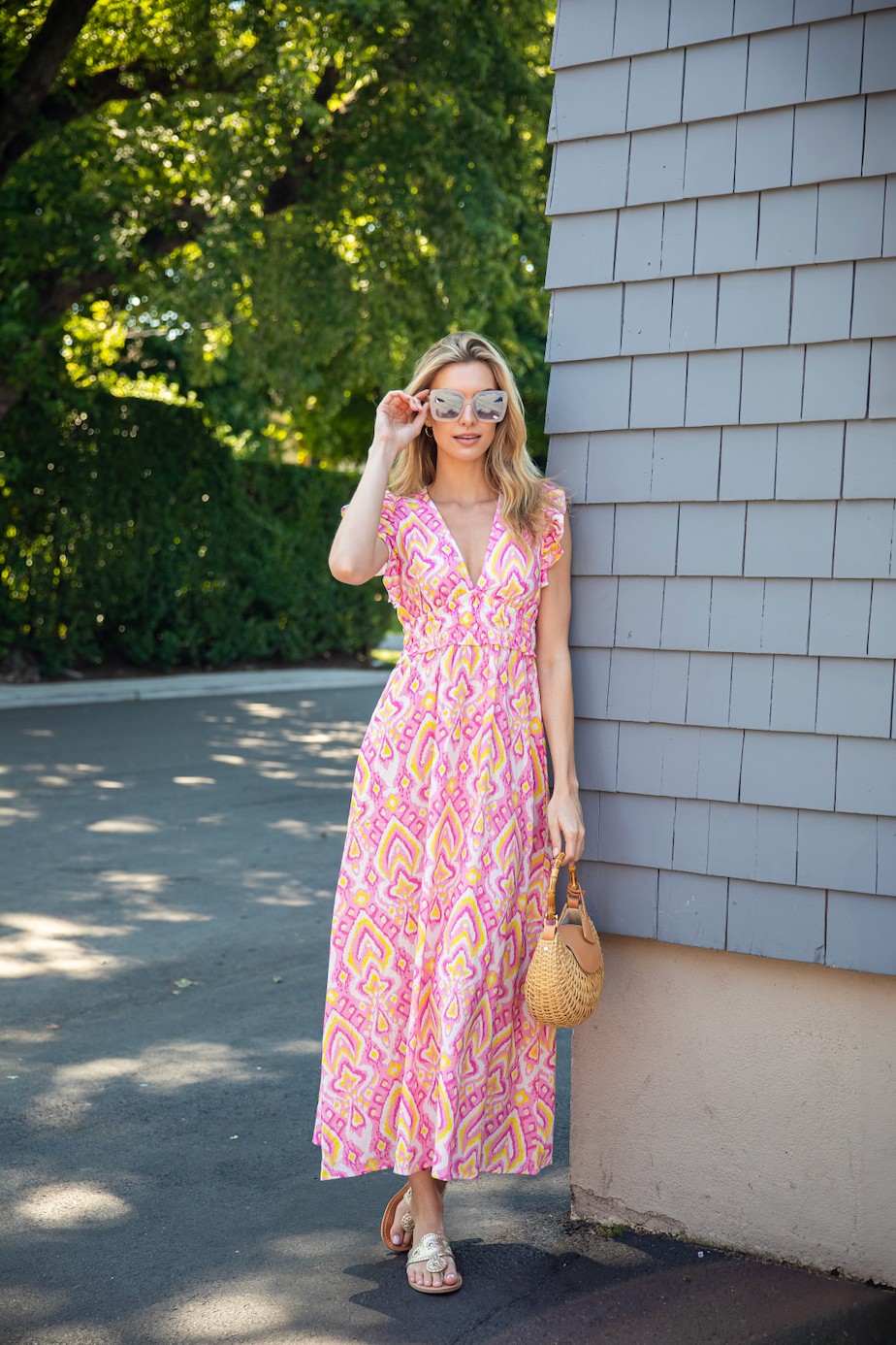 Pink Ikat Flutter Sleeve V-Neck Maxi